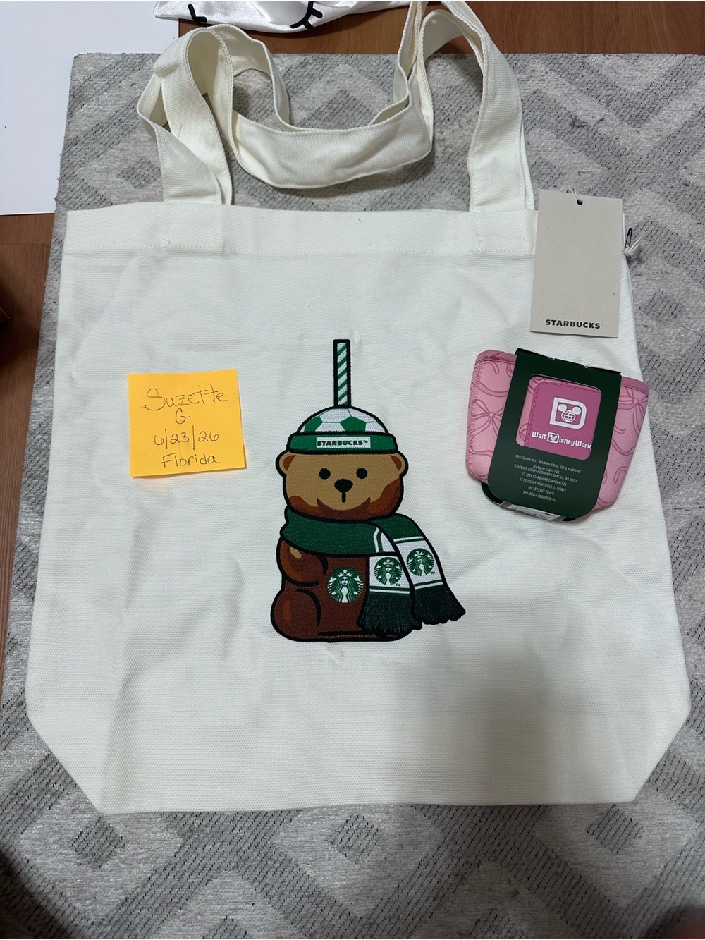 Starbucks Cream Tote with Green and Brown Bear Graphic